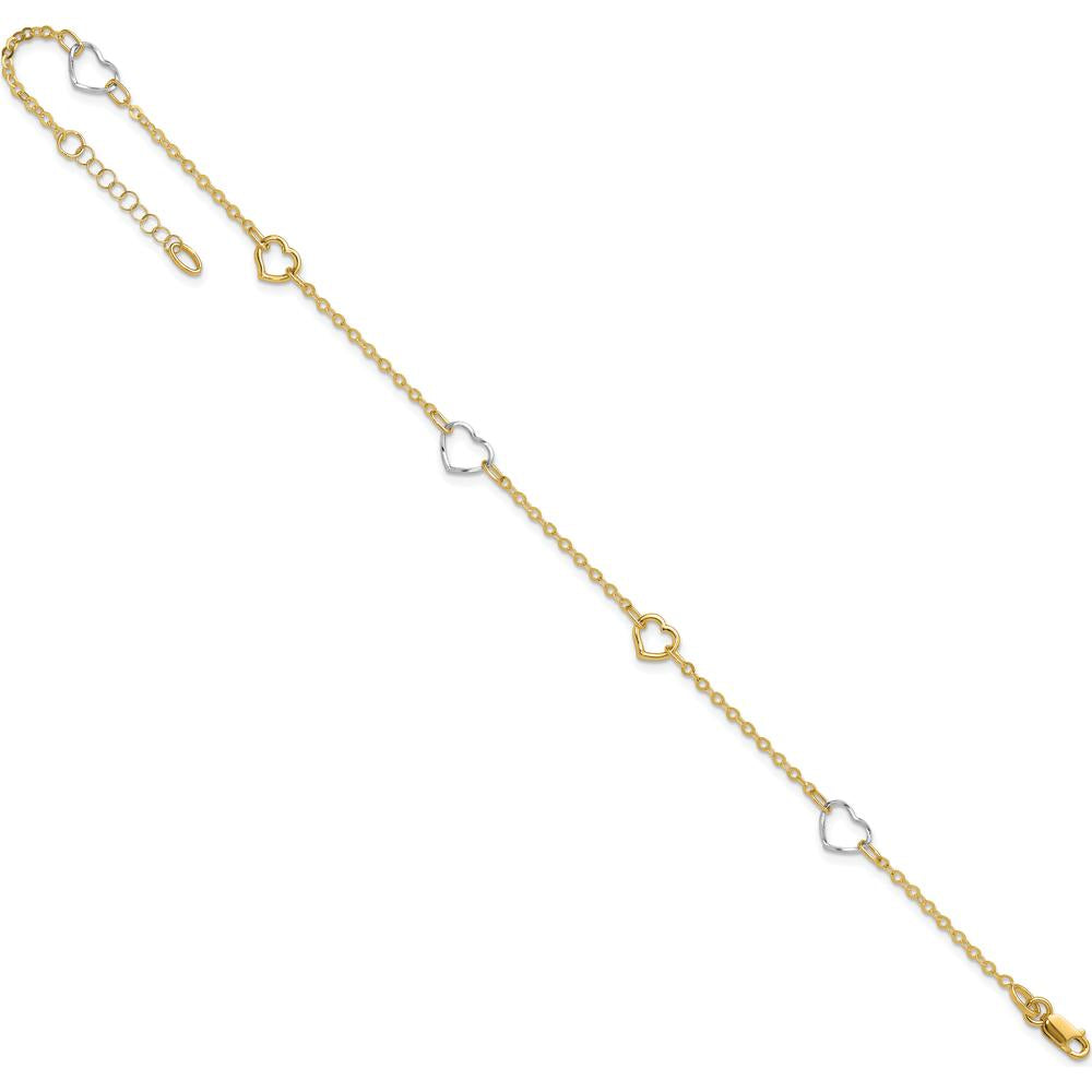 14K Two-Tone Polished Open Hearts Anklet with 5 Stations - Adjustable 9" + 1" Extender