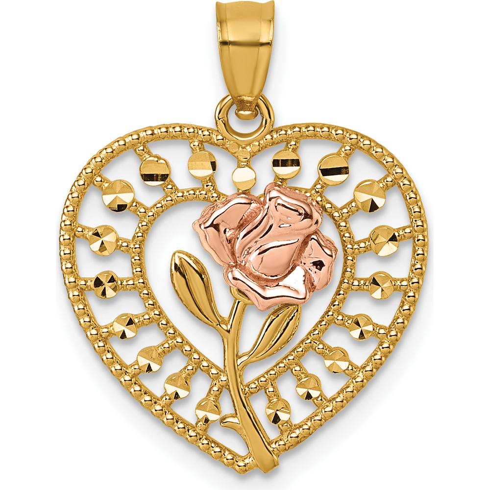 14K Two-Tone Polished Rose Heart Pendant - 22mm Length by Oro Pregiato