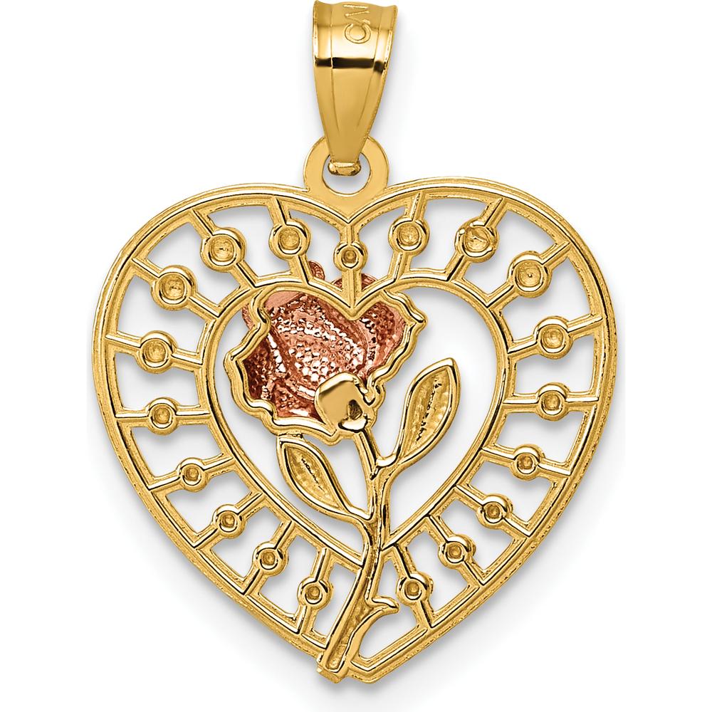 14K Two-Tone Polished Rose Heart Pendant - 22mm Length by Oro Pregiato