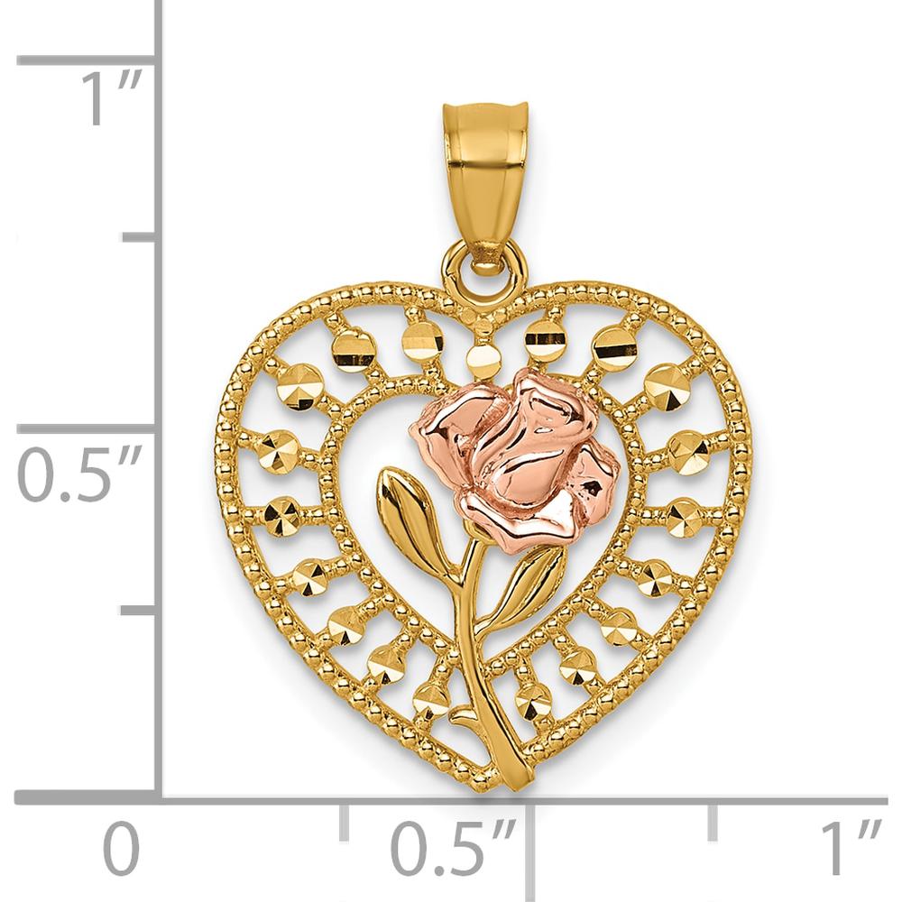 14K Two-Tone Polished Rose Heart Pendant - 22mm Length by Oro Pregiato