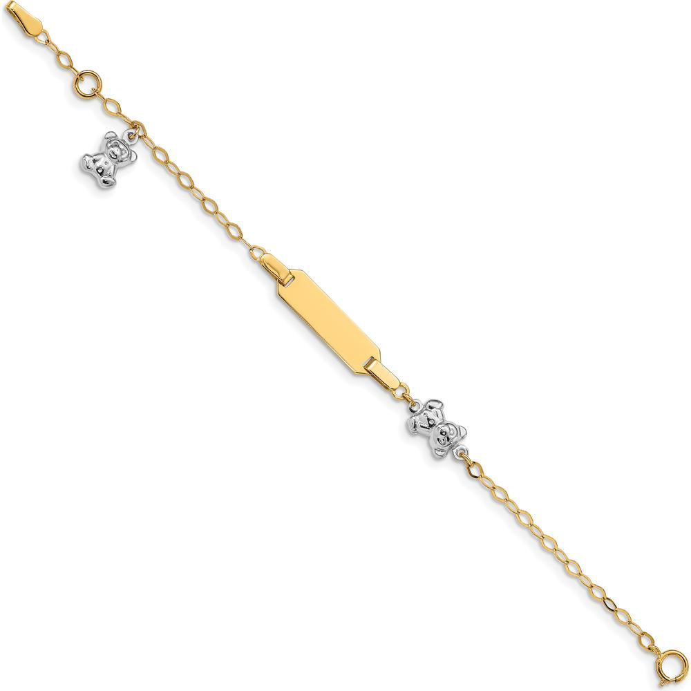 14K Two-Tone Polished Teddy Bears Baby ID Bracelet with 18x5mm Plate and Extender - 5.5" Length by Oro Pregiato