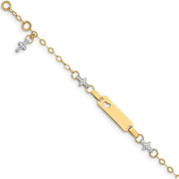 14K Two-Tone Polished Textured Cross and Heart Baby/Child ID Bracelet - 4.5" Length with 1" Extender by Oro Pregiato