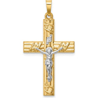 14K Two-Tone Polished Textured Striped Latin Crucifix Pendant - 35mm Length by Oro Pregiato