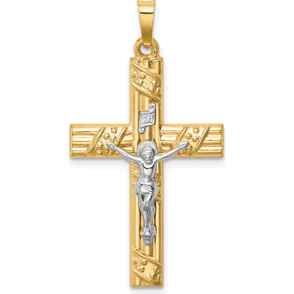 14K Two-Tone Polished Textured Striped Latin Crucifix Pendant - 35mm Length by Oro Pregiato