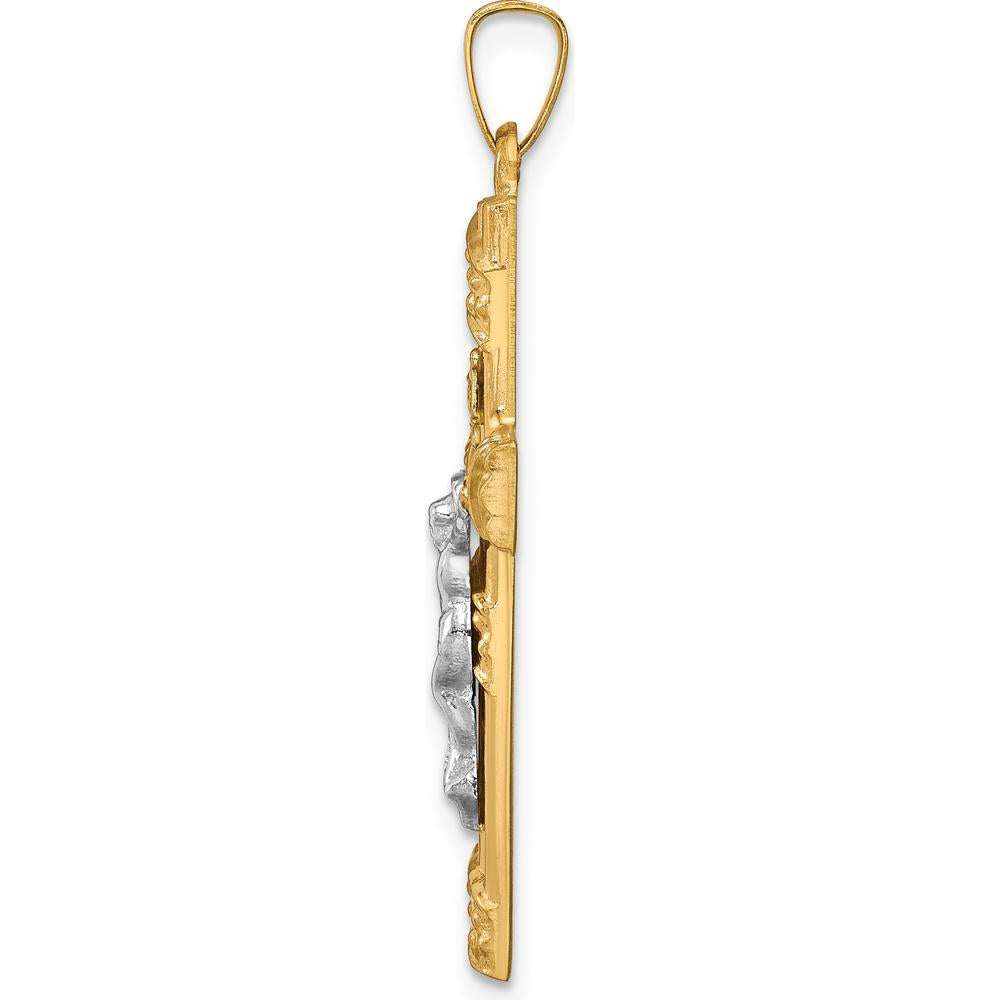 14K Two-Tone Polished Textured Striped Latin Crucifix Pendant - 35mm Length by Oro Pregiato
