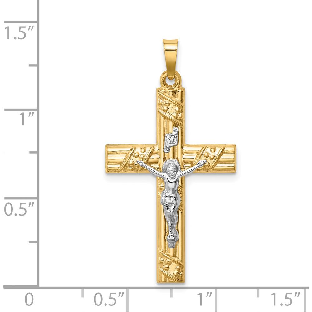 14K Two-Tone Polished Textured Striped Latin Crucifix Pendant - 35mm Length by Oro Pregiato