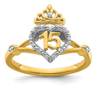 14K Two-Tone Quinceañera Heart and Crown Ring with Round Natural Diamonds - 0.07 Carat Total Diamond Weight by Oro Pregiato