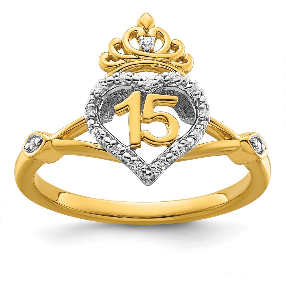 14K Two-Tone Quinceañera Heart and Crown Ring with Round Natural Diamonds - 0.07 Carat Total Diamond Weight by Oro Pregiato