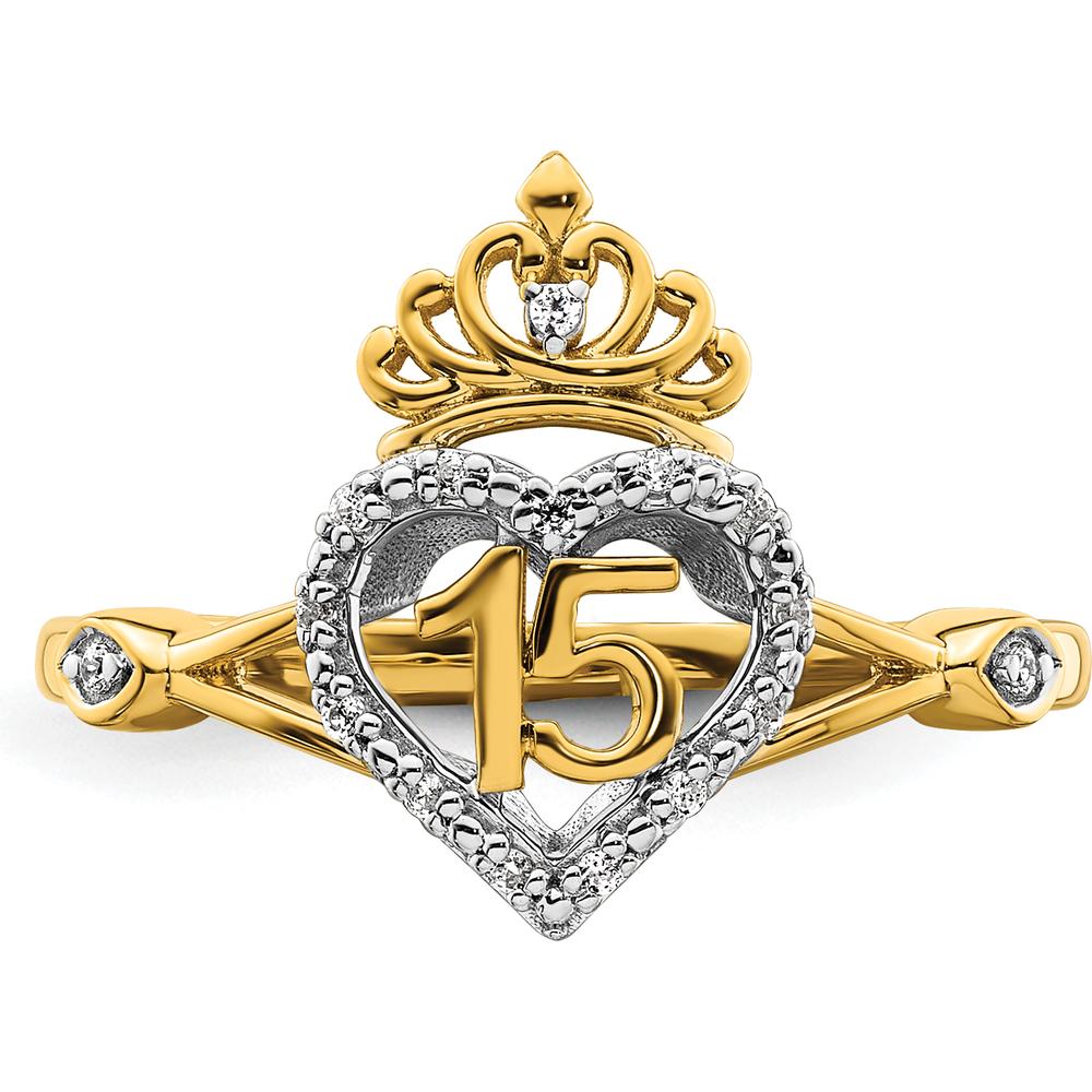 14K Two-Tone Quinceañera Heart and Crown Ring with Round Natural Diamonds - 0.07 Carat Total Diamond Weight by Oro Pregiato