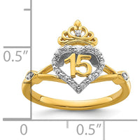 14K Two-Tone Quinceañera Heart and Crown Ring with Round Natural Diamonds - 0.07 Carat Total Diamond Weight by Oro Pregiato
