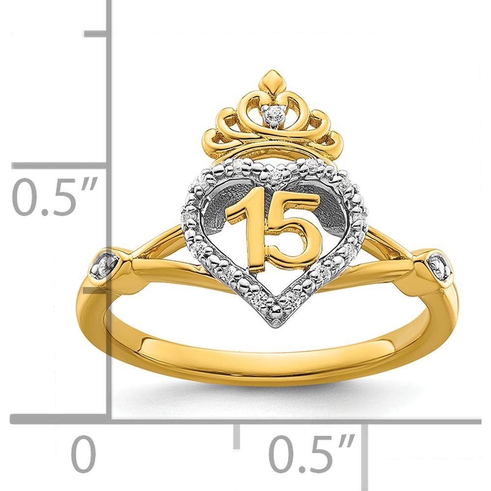 14K Two-Tone Quinceañera Heart and Crown Ring with Round Natural Diamonds - 0.07 Carat Total Diamond Weight by Oro Pregiato