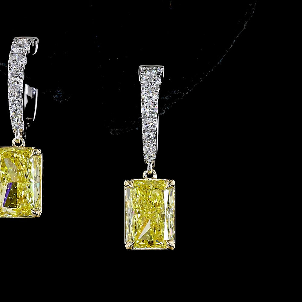 14K Two Tone Radiant Cut Hanging Earrings with Fancy Vivid Yellow Lab Diamonds & White Diamond Pavé Bails - 4.56 Carats Total Diamond Weight - Covaloro Fine Jewelry