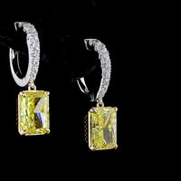 14K Two Tone Radiant Cut Hanging Earrings with Fancy Vivid Yellow Lab Diamonds & White Diamond Pavé Bails - 4.56 Carats Total Diamond Weight - Covaloro Fine Jewelry
