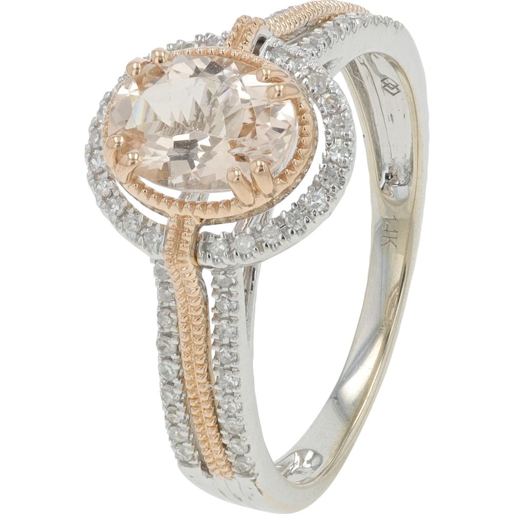 14K Two-Tone Rose & White Gold 1.30 Carat Morganite Ring with 0.23 Carat Diamond Halo
