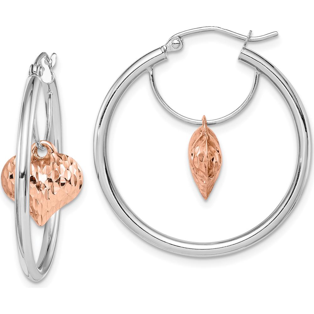 14K Two-Tone Rose and White Gold Diamond-Cut Heart Dangle Hoop Earrings by 0