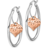 14K Two-Tone Rose and White Gold Diamond-Cut Heart Dangle Hoop Earrings by 0