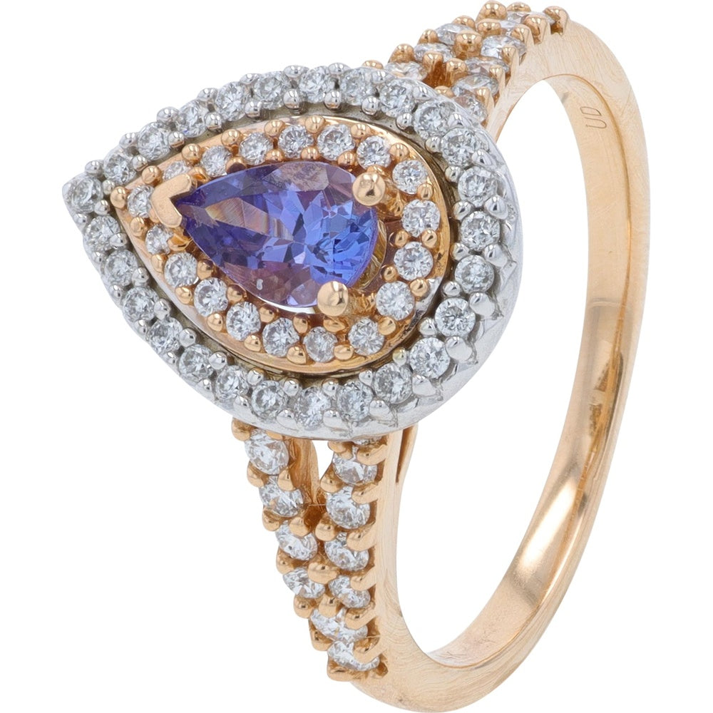 14K Two-Tone Rose and White Gold Pear-Shaped Tanzanite Ring with Double Halo Setting and Round Diamonds - 0.50 Carat Total Diamond Weight