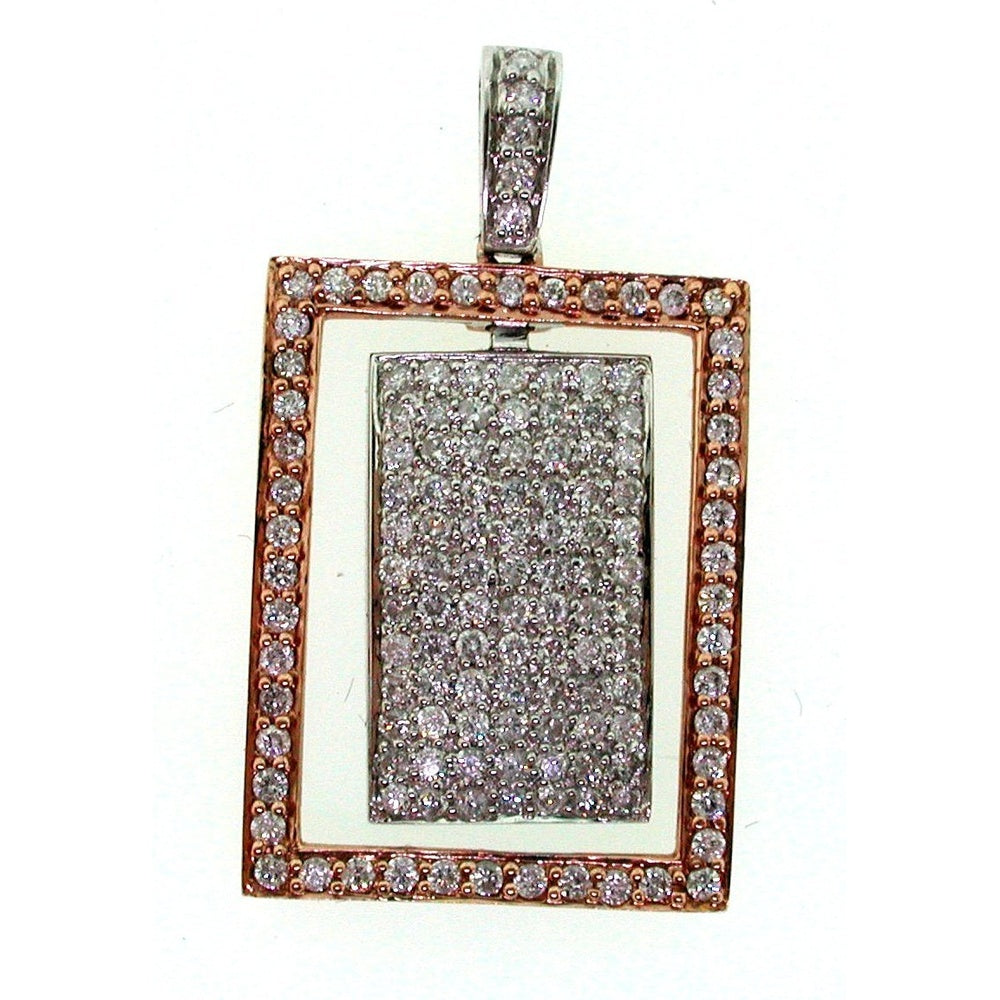 14K Two Tone Rose and White Gold Rectangular Pendant with Prong Set Round Diamond Border and Pavé Set Round Diamond Center - 1.08 Carat Total Diamond Weight by Auriventus