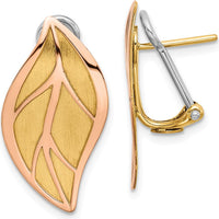 14K Two-Tone Rose and Yellow Gold Polished and Brushed Leaf Button Omega Back Earrings by 0