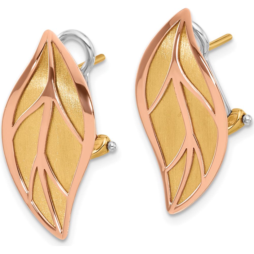 14K Two-Tone Rose and Yellow Gold Polished and Brushed Leaf Button Omega Back Earrings by 0