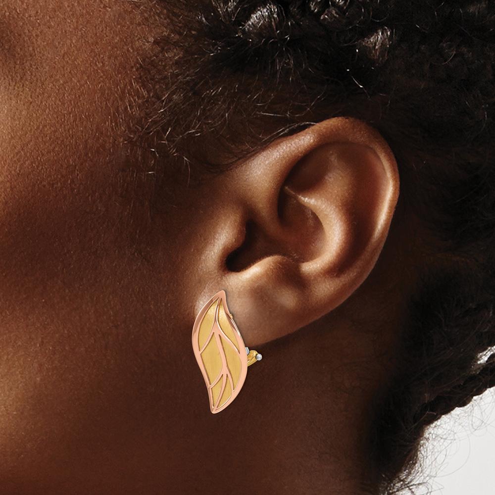 14K Two-Tone Rose and Yellow Gold Polished and Brushed Leaf Button Omega Back Earrings by 0