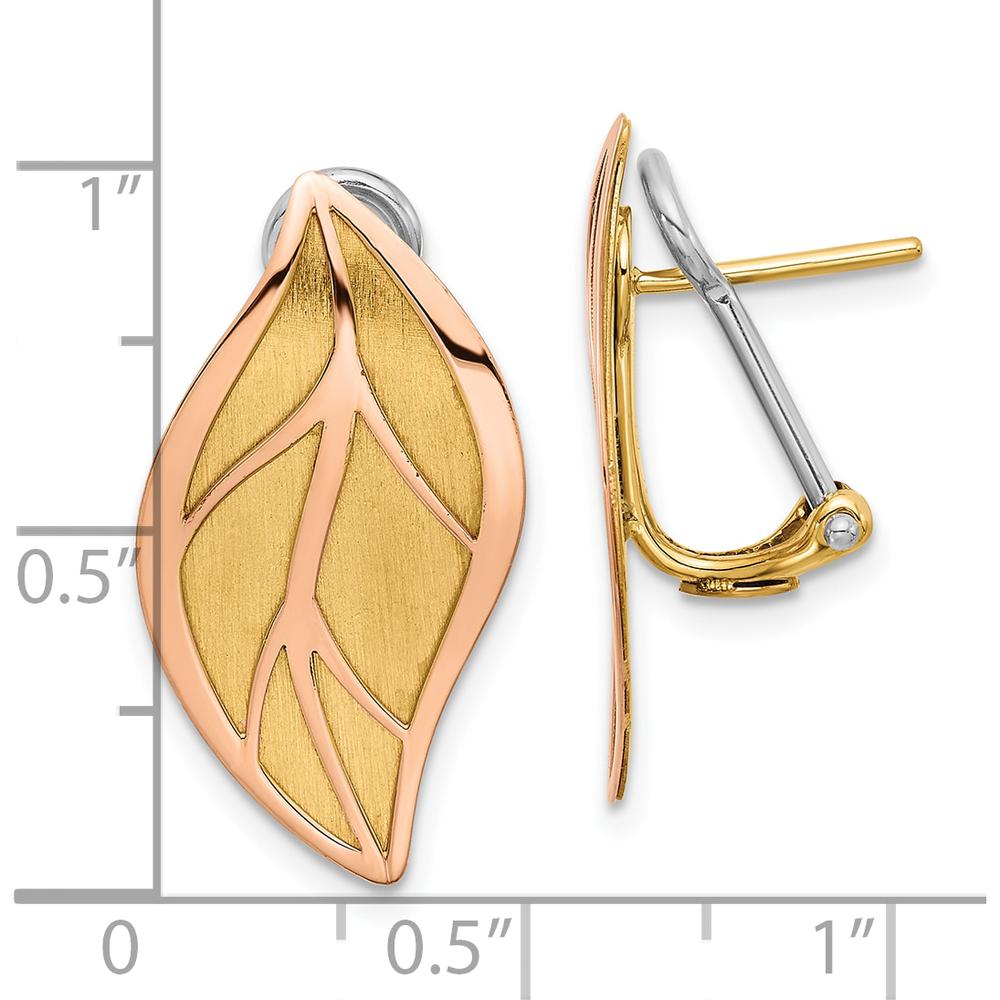 14K Two-Tone Rose and Yellow Gold Polished and Brushed Leaf Button Omega Back Earrings by 0