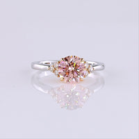 14K Two Tone Round Cut Fancy Vivid Pink Lab Diamond Ring with Side Cluster Accents - 1.69 Carats Total Diamond Weight - Covaloro Fine Jewelry