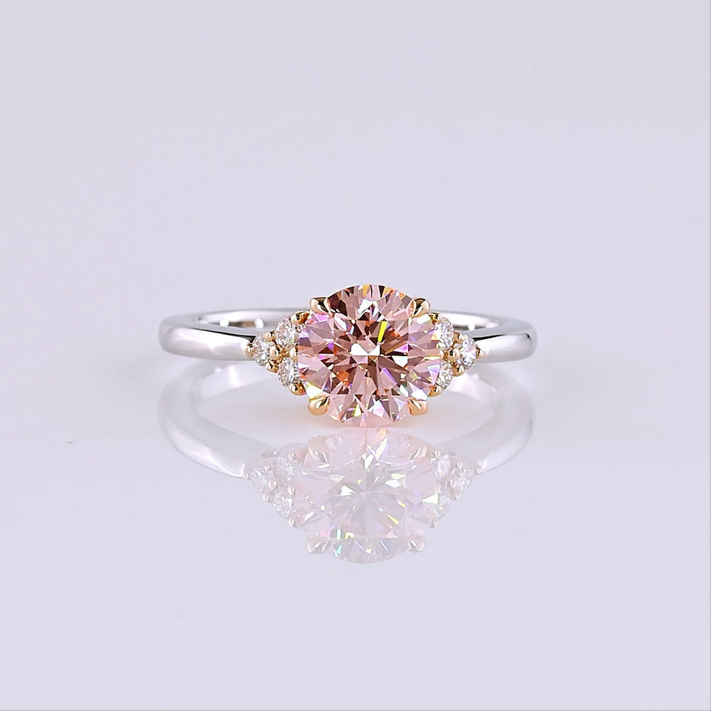 14K Two Tone Round Cut Fancy Vivid Pink Lab Diamond Ring with Side Cluster Accents - 1.69 Carats Total Diamond Weight - Covaloro Fine Jewelry