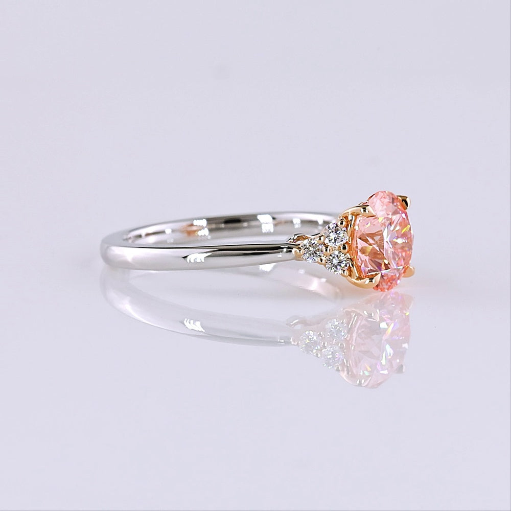14K Two Tone Round Cut Fancy Vivid Pink Lab Diamond Ring with Side Cluster Accents - 1.69 Carats Total Diamond Weight - Covaloro Fine Jewelry
