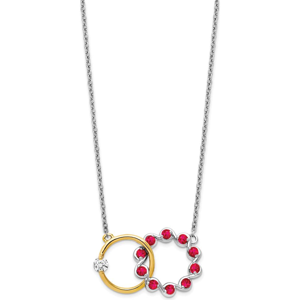 14K Two-Tone Ruby and Diamond Interlocked Rings Necklace - 0.115 Carat Diamond and 0.03 Carat Ruby Total Carat Weight by Lumare Gioia