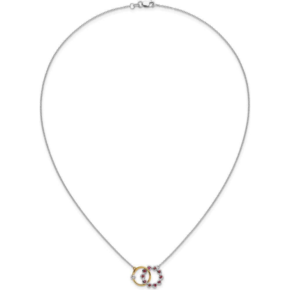 14K Two-Tone Ruby and Diamond Interlocked Rings Necklace - 0.115 Carat Diamond and 0.03 Carat Ruby Total Carat Weight by Lumare Gioia