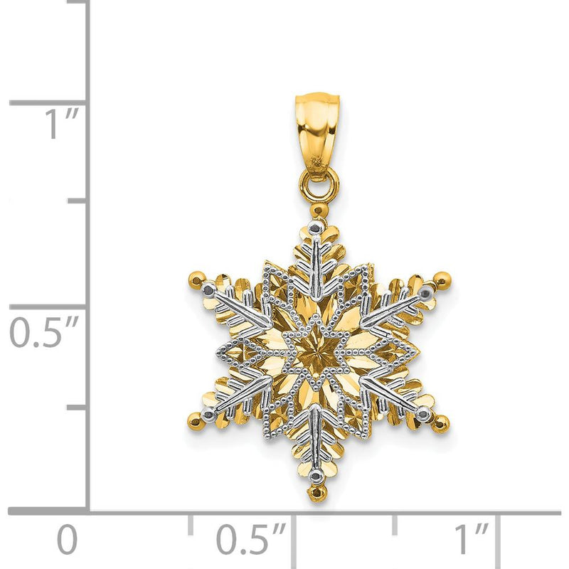 14K Two-Tone Snowflake Pendant with Textured Back Design - 21.1mm Length, 16mm Width by Oro Pregiato