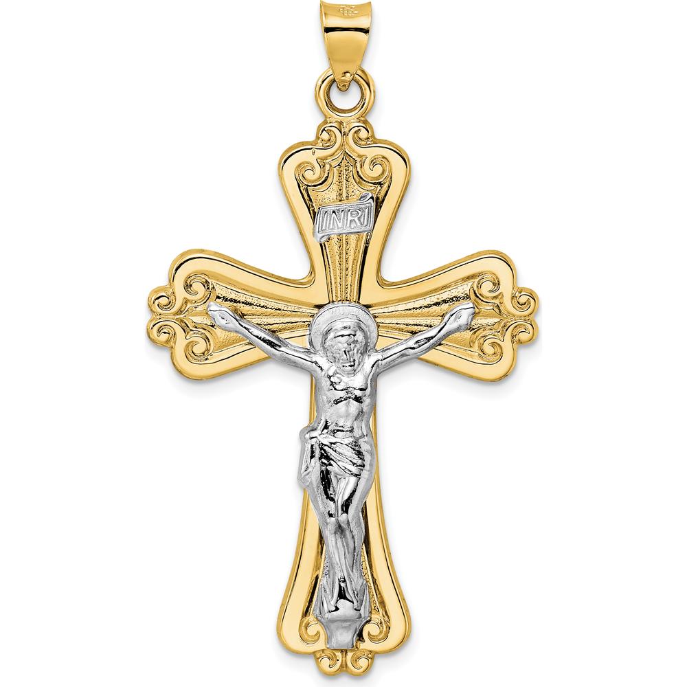 14K Two-Tone Solid Gold INRI Crucifix Pendant with Textured Design and Polished Finish by Oro Pregiato