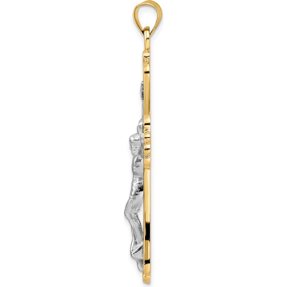 14K Two-Tone Solid Gold INRI Crucifix Pendant with Textured Design and Polished Finish by Oro Pregiato