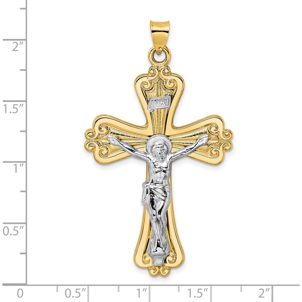 14K Two-Tone Solid Gold INRI Crucifix Pendant with Textured Design and Polished Finish by Oro Pregiato