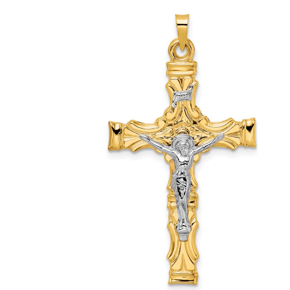 14K Two-Tone Solid INRI Crucifix Pendant in Yellow and White Gold - 37.8mm Length by Oro Pregiato