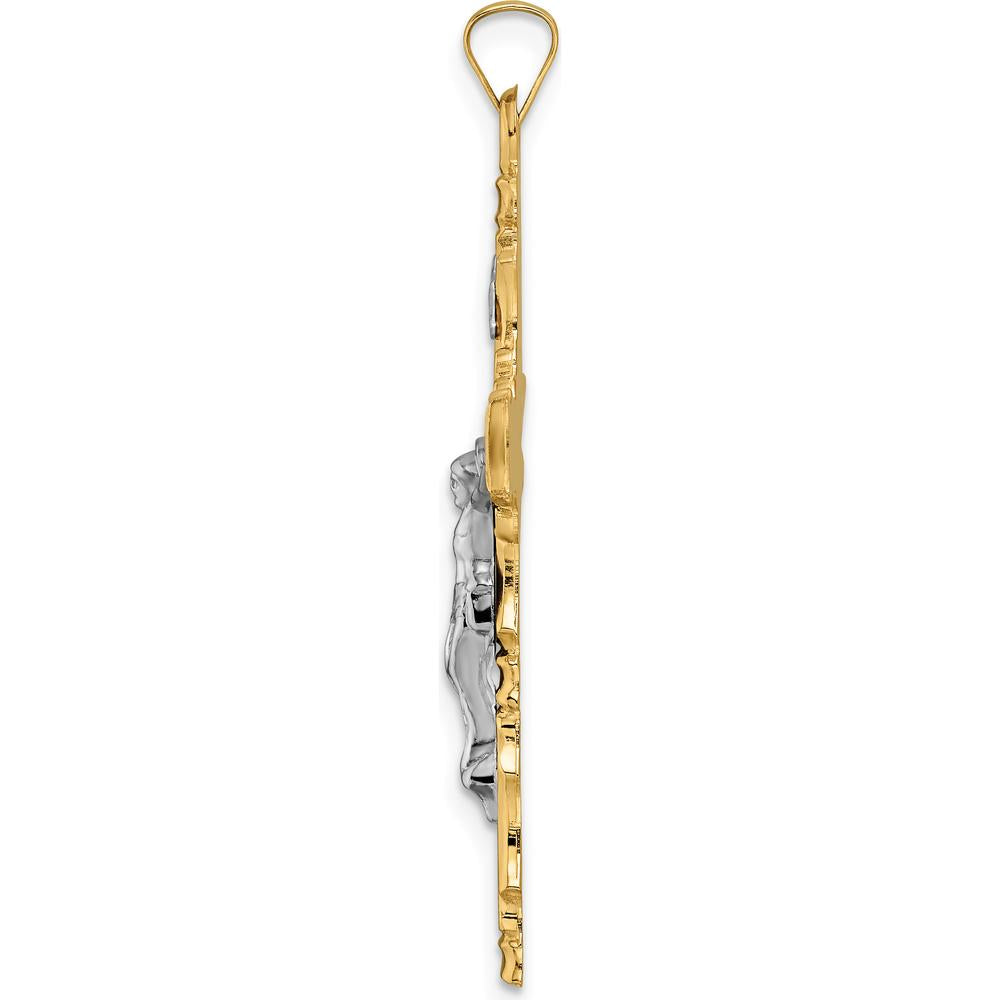 14K Two-Tone Solid INRI Crucifix Pendant in Yellow and White Gold - 37.8mm Length by Oro Pregiato