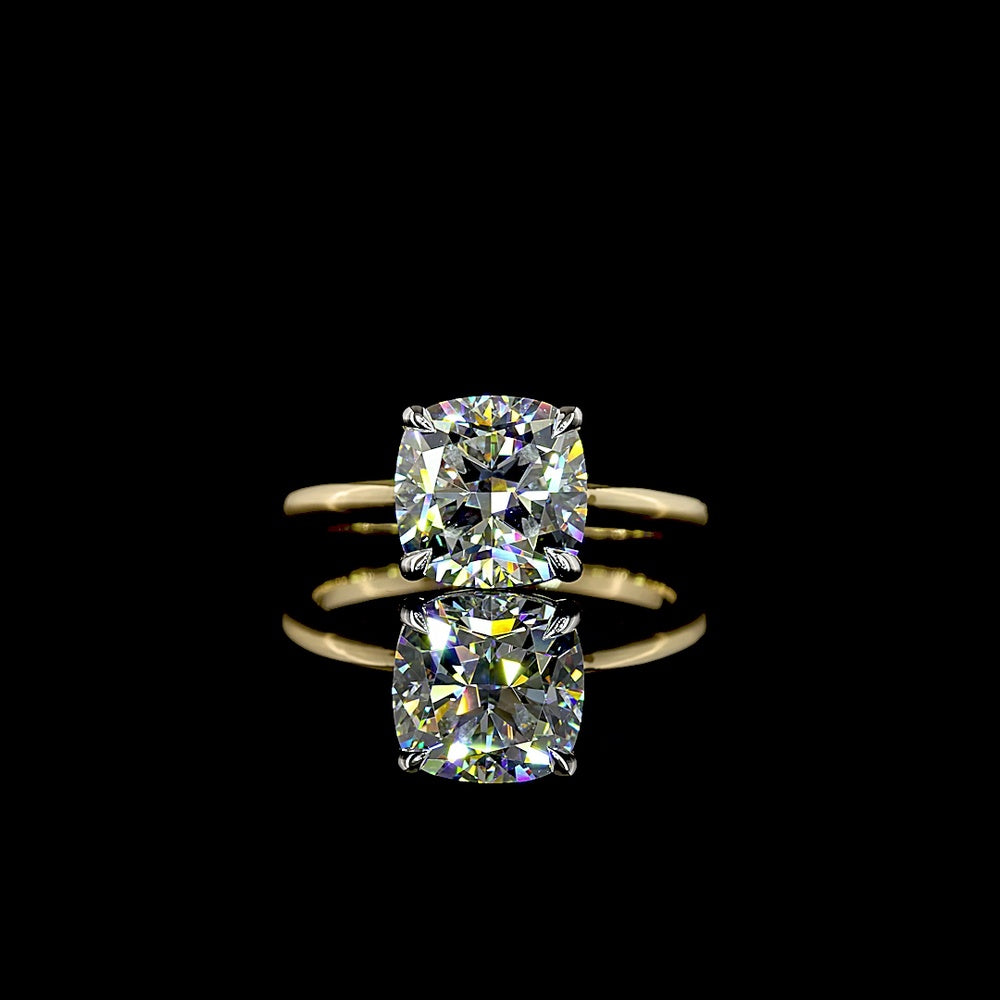 14K Two Tone Solitaire Ring with 3.04 Carat Square Cushion Brilliant Cut Lab Diamond - E VVS2 IGI Certified - Covaloro Fine Jewelry