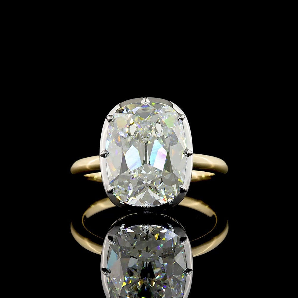 14K Two Tone Solitaire Ring with 5.34 Carat Antique Cushion Cut Lab Diamond (E-VVS2, IGI Certified) - North-South Bezel & Prong Setting - Covaloro Fine Jewelry