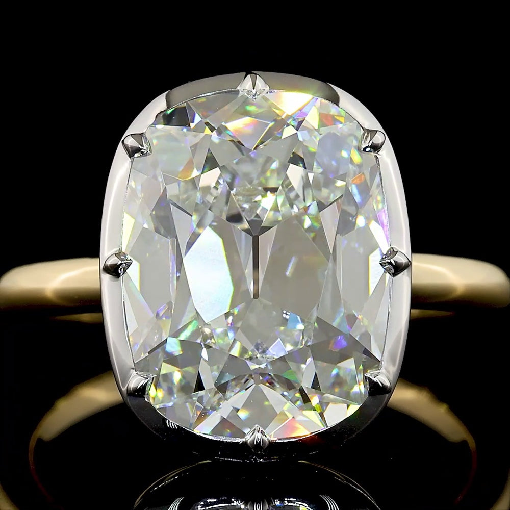 14K Two Tone Solitaire Ring with 5.34 Carat Antique Cushion Cut Lab Diamond (E-VVS2, IGI Certified) - North-South Bezel & Prong Setting - Covaloro Fine Jewelry