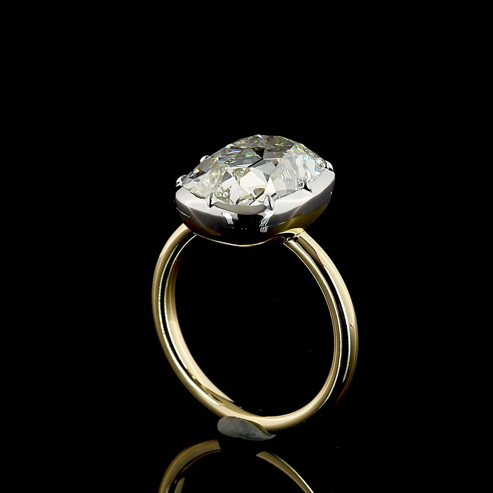 14K Two Tone Solitaire Ring with 5.34 Carat Antique Cushion Cut Lab Diamond (E-VVS2, IGI Certified) - North-South Bezel & Prong Setting - Covaloro Fine Jewelry
