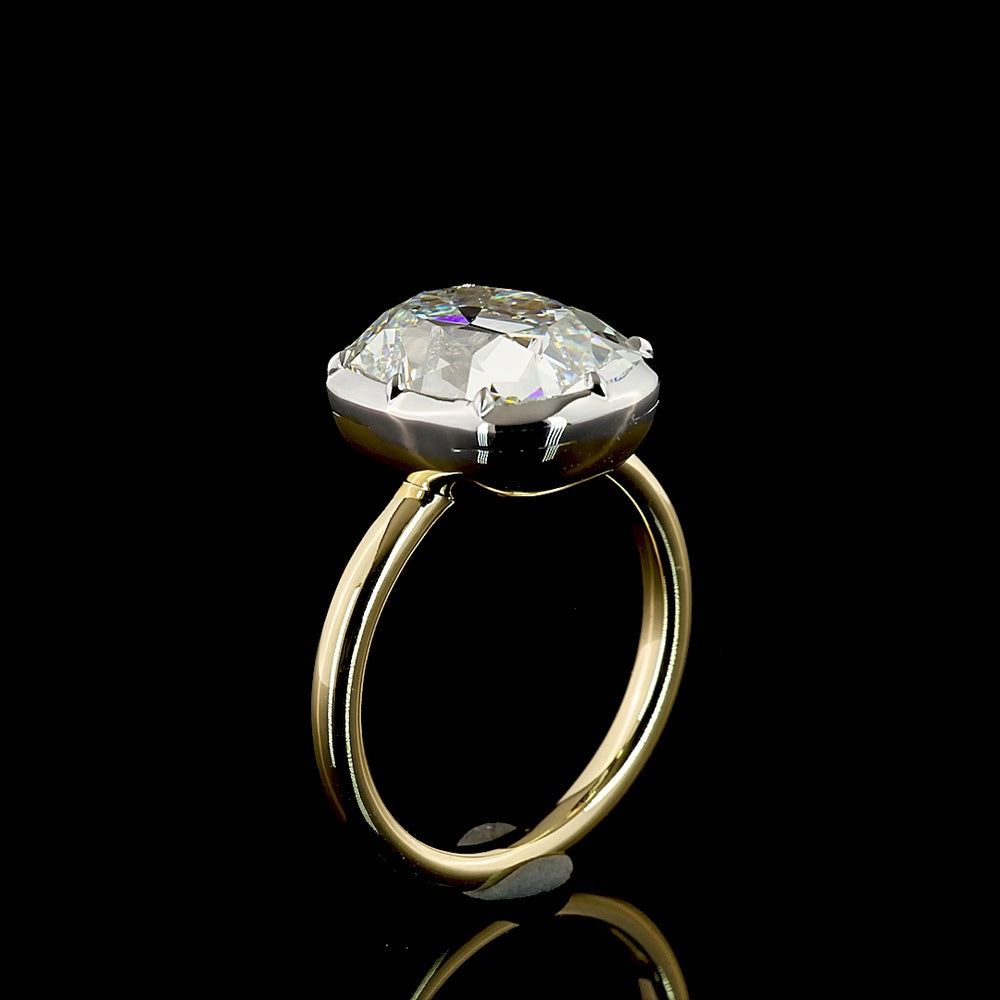 14K Two Tone Solitaire Ring with 5.34 Carat Antique Cushion Cut Lab Diamond (E-VVS2, IGI Certified) - North-South Bezel & Prong Setting - Covaloro Fine Jewelry