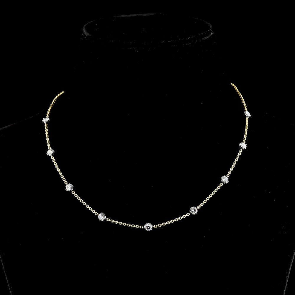 14K Two Tone Station Necklace with 9 Round Brilliant Cut Lab Diamonds and Black Rhodium Accents - 1.85 Carat Total Diamond Weight - Covaloro Fine Jewelry