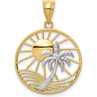 14K Two-Tone Sun and Palm Tree Pendant - Tropical Paradise Design in Yellow and White Gold by Oro Pregiato