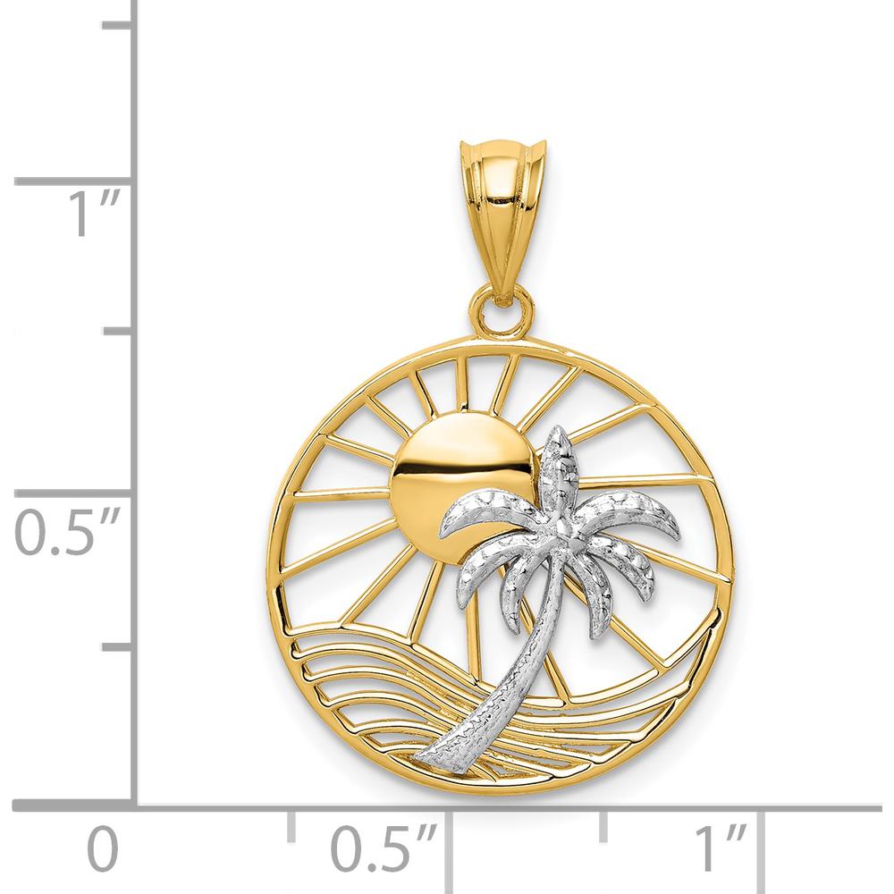 14K Two-Tone Sun and Palm Tree Pendant - Tropical Paradise Design in Yellow and White Gold by Oro Pregiato