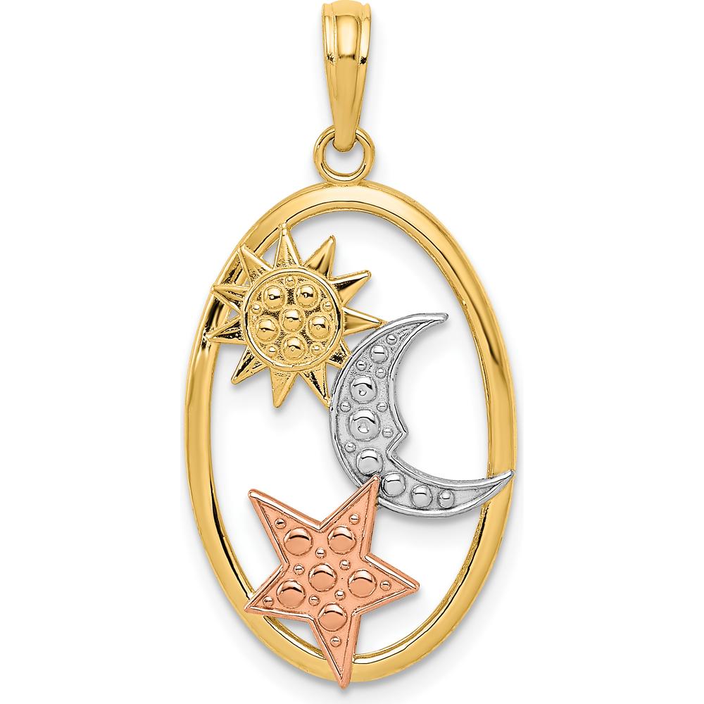 14K Two-Tone Sun, Moon, and Star Oval Pendant with Rhodium Accents by Oro Pregiato