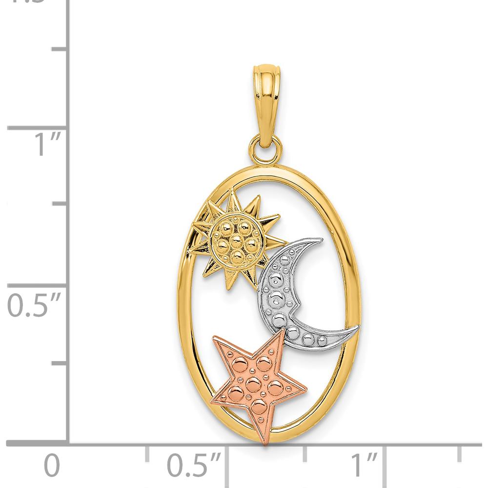 14K Two-Tone Sun, Moon, and Star Oval Pendant with Rhodium Accents by Oro Pregiato