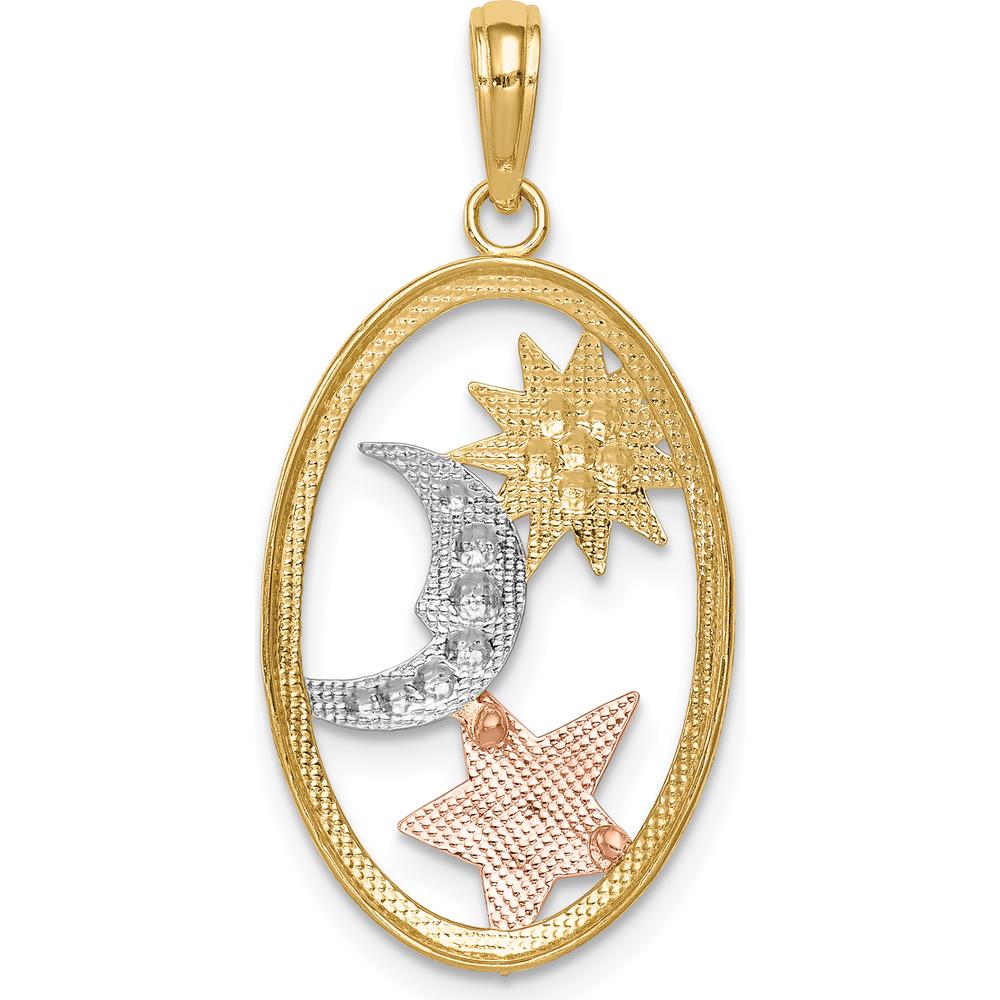 14K Two-Tone Sun, Moon, and Star Oval Pendant with Rhodium Accents by Oro Pregiato