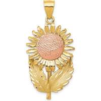 14K Two-Tone Sunflower with Leaves Pendant - Textured and Diamond-Cut Design by Oro Pregiato