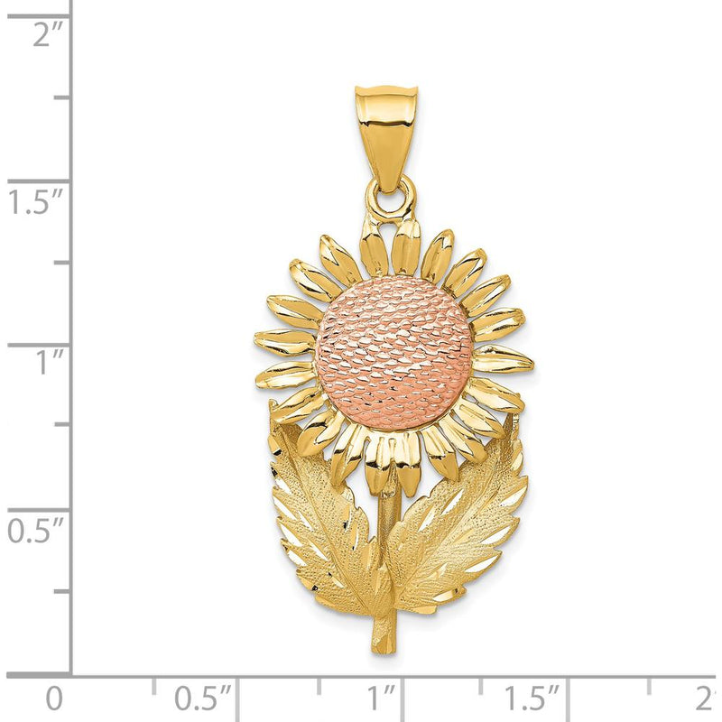 14K Two-Tone Sunflower with Leaves Pendant - Textured and Diamond-Cut Design by Oro Pregiato